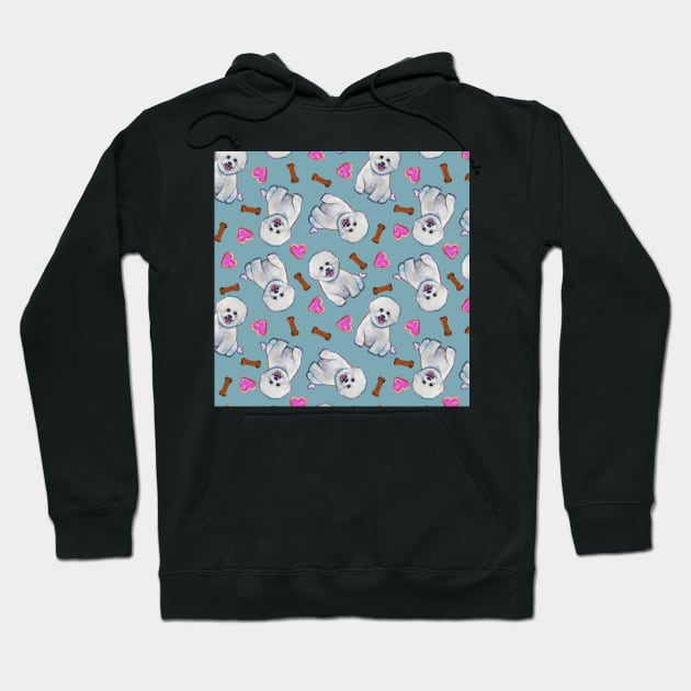 Cute Bichon Frise Pattern on Blue Hoodie by RobertPhelpsArt